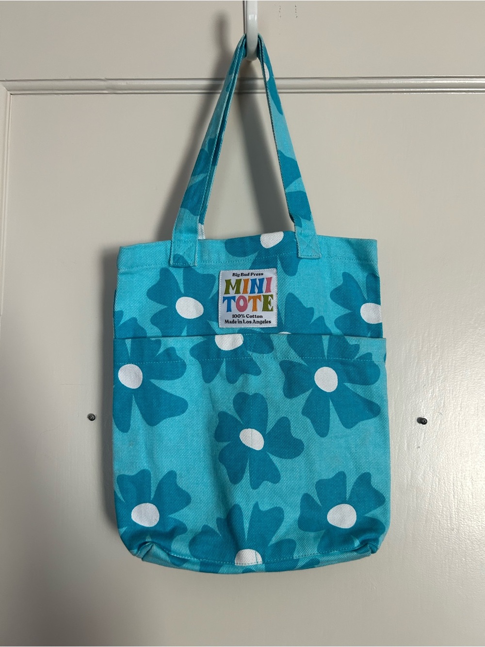 Big Bud Press Mini Tote, Turquoise With Flowers.